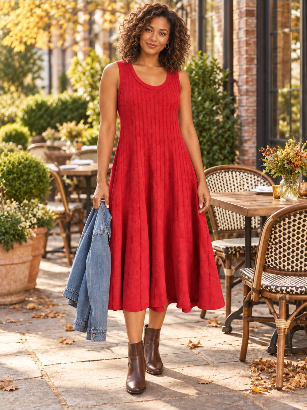 NIC+ZOE Red Ribbed Knit Fit & Flare Twirl Dress SZ L